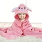 Pink animal-hood baby swaddle towel with soft fleece cape, wrapped baby
