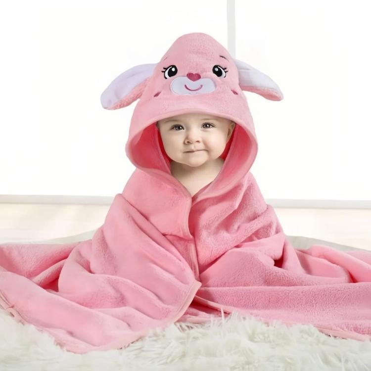 Pink animal-hood baby swaddle towel with soft fleece cape, wrapped baby