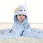 Light blue animal-hood baby swaddle towel with soft fleece cape, wrapped baby