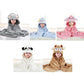 Animal-hood baby swaddle towel in gray, blue, pink, cream, and brown