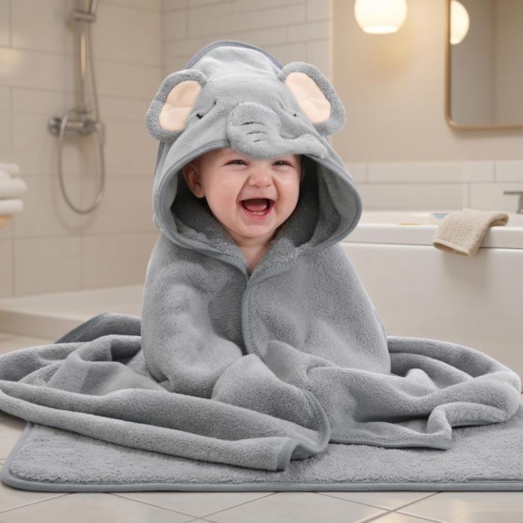 Gray hooded baby swaddle towel with cape and animal-ear design