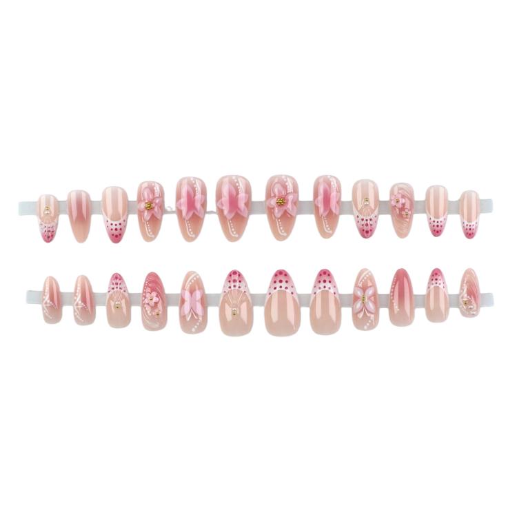 Set of 24 pink ombre almond fake nails with 3D flower and dot accents