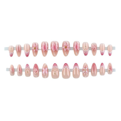 Set of 24 pink ombre almond fake nails with 3D flower and dot accents
