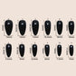 Black fake nail size chart showing width and length measurements