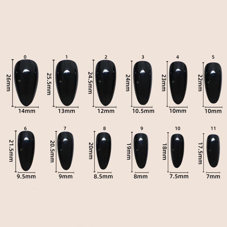 Black fake nail size chart showing width and length measurements