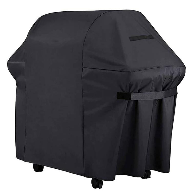 Black BBQ grill cover with fitted hood and adjustable straps, 600D oxford fabric