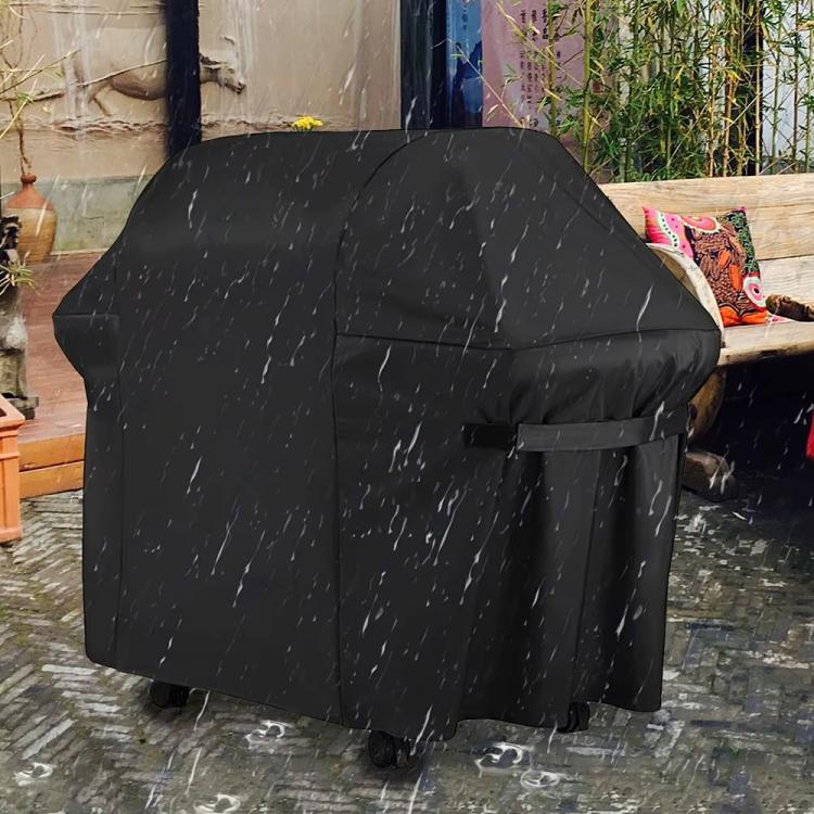 Black BBQ grill cover with front tie strap and rounded hood shape