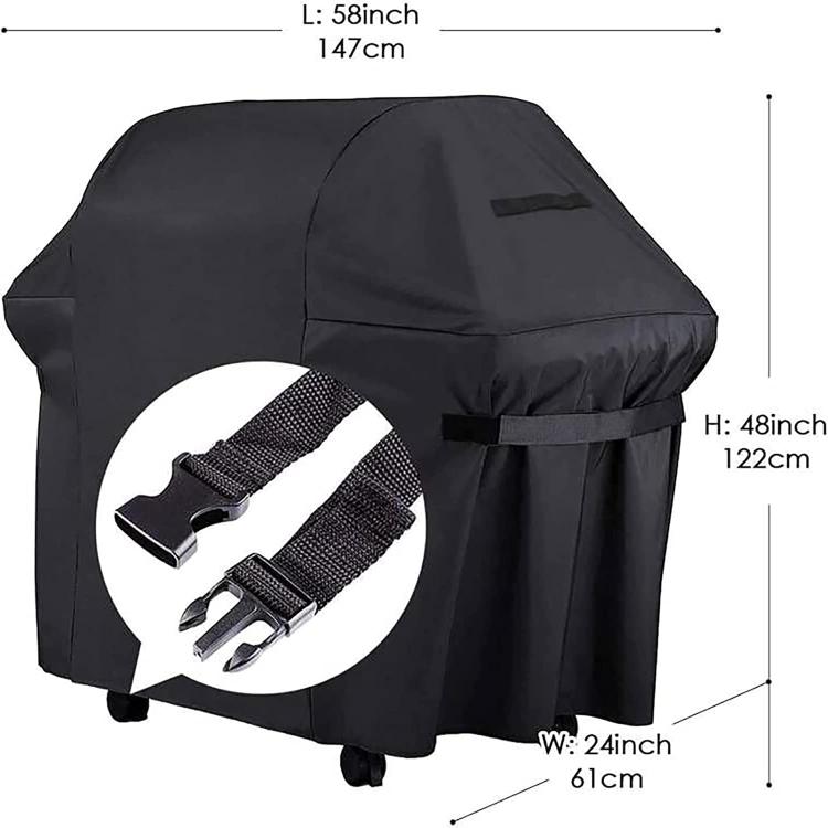 Black BBQ grill cover with adjustable front straps and rounded hood