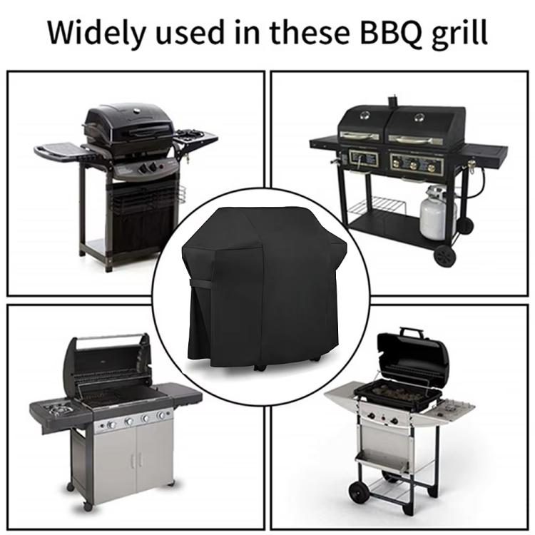 Black BBQ grill cover shown in use over multiple grills