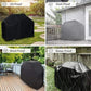 Black BBQ grill cover protecting grill on deck, patio, and lawn