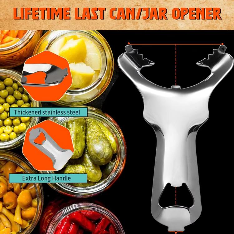 Stainless steel multifunction can and jar opener with long handle and three grip ends