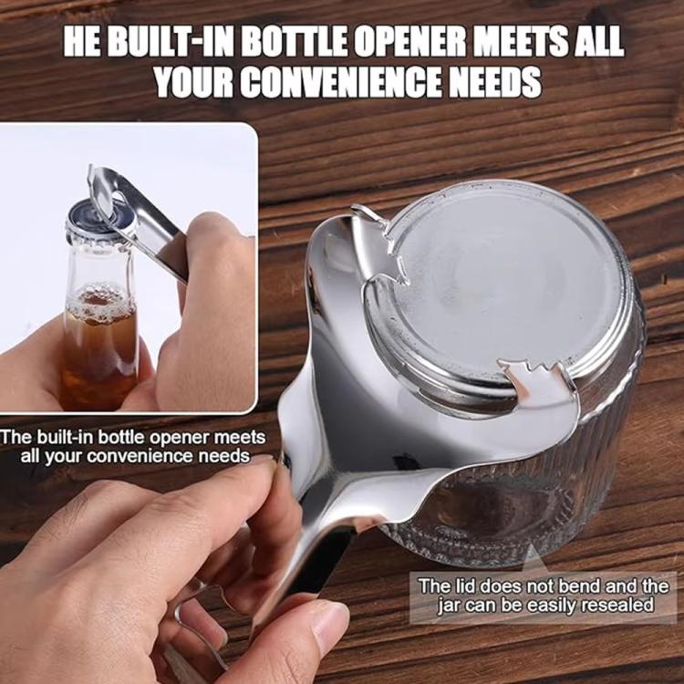 Stainless steel bottle opener head attached to jar lid opener for resealing jars