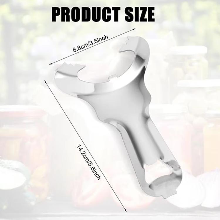 Stainless steel jar and bottle opener with curved ergonomic handle and measured size
