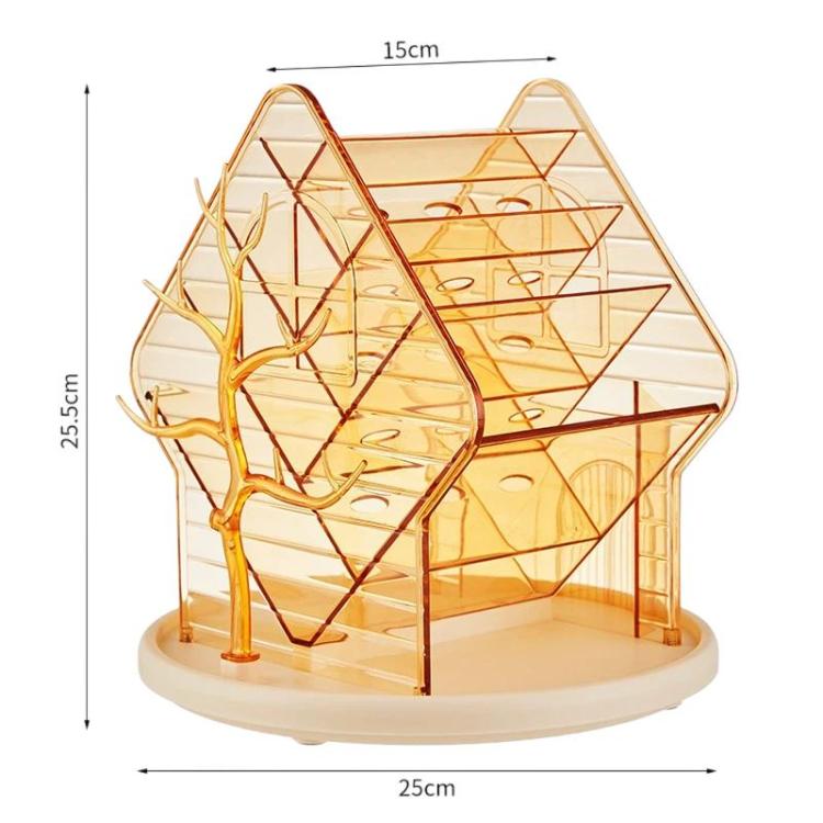 Transparent yellow rotating cosmetic organizer with multi-compartment trays and hooks