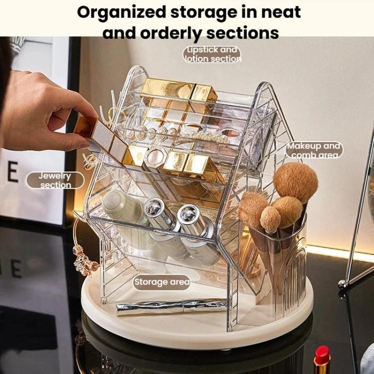 Clear rotating vanity organizer with drawer-like sections and hanging accessory areas