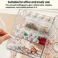 Clear rotating organizer box with divided sections holding small items