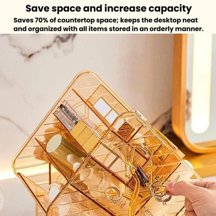 Transparent yellow rotating cosmetic storage box with open multi-tier compartments