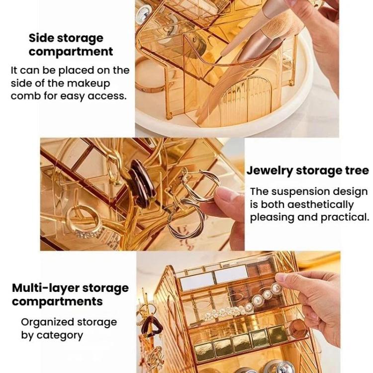 Transparent yellow rotating jewelry organizer with side compartment and hanging earring hooks