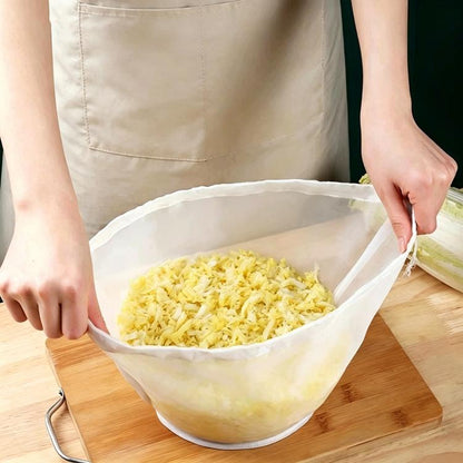 Large bowl-shaped vegetable strainer bag with drawstring closure, light mesh fabric
