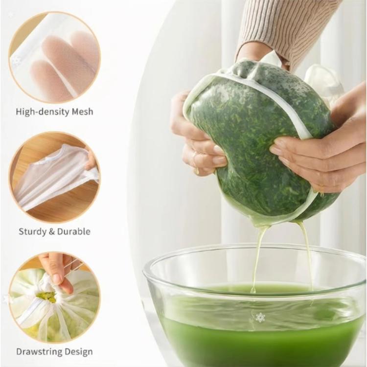 Reusable strainer bag with high-density mesh, drawstring design for filtering
