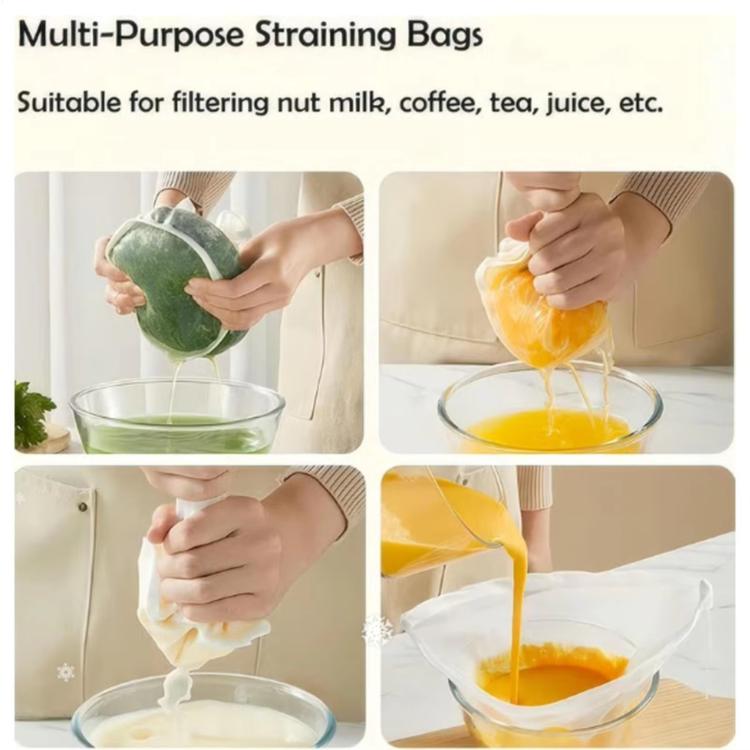 Multi-use straining bag with drawstring, used to filter juice and nut milk