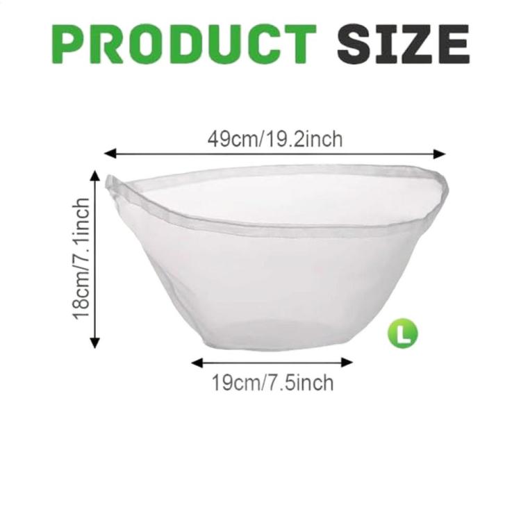 Large bowl-shaped strainer bag with L size dimensions 49 cm by 18 cm