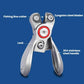 Silver fishing line cutter pliers with red center ring and visible locking mechanism