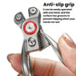Fishing line cutter pliers held in hand, silver tool with red ring and textured grip