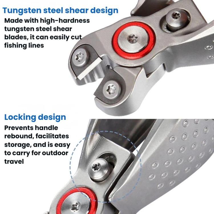 Silver fishing line cutter pliers with locking design and textured non-slip handle