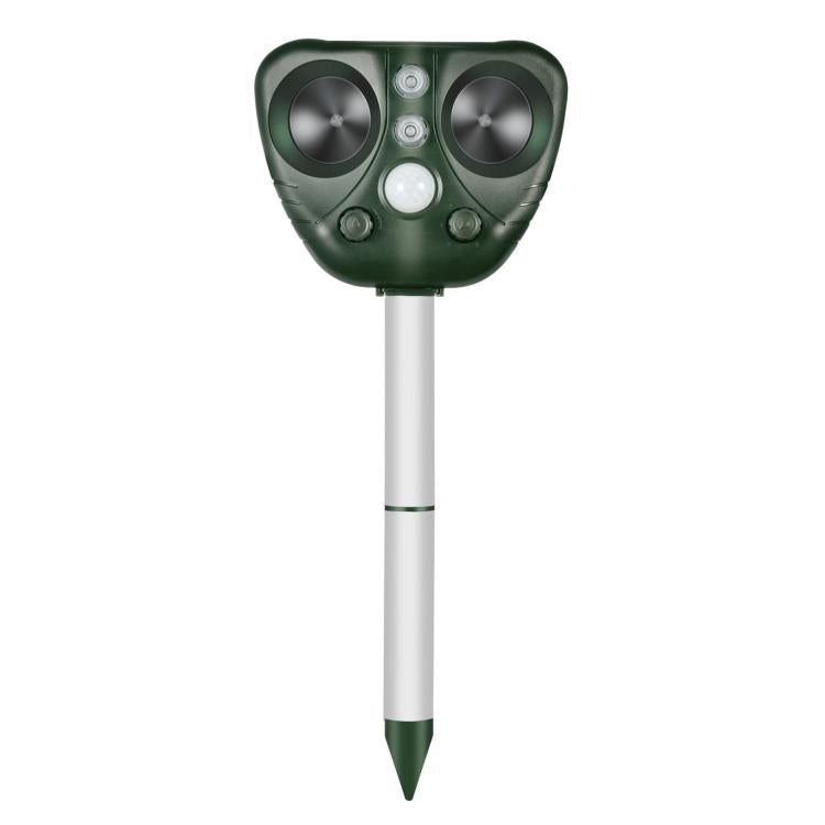 Green solar ultrasonic animal repeller facing front with round white control button