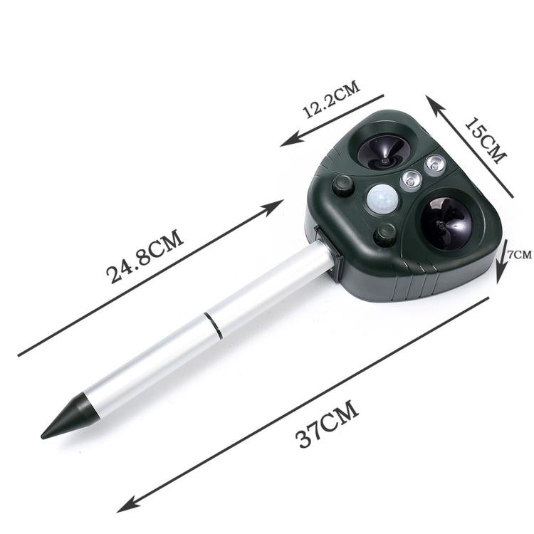 Green solar ultrasonic animal repeller with white stake and pointed bottom tip