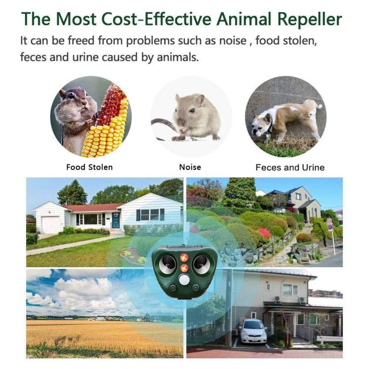 Green ultrasonic outdoor animal repeller device for yard and garden use