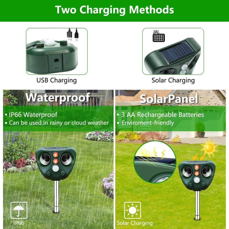 Green solar ultrasonic animal repeller showing waterproof design and solar panel