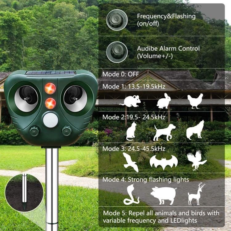 Green solar ultrasonic repeller with visible modes and side speaker cones