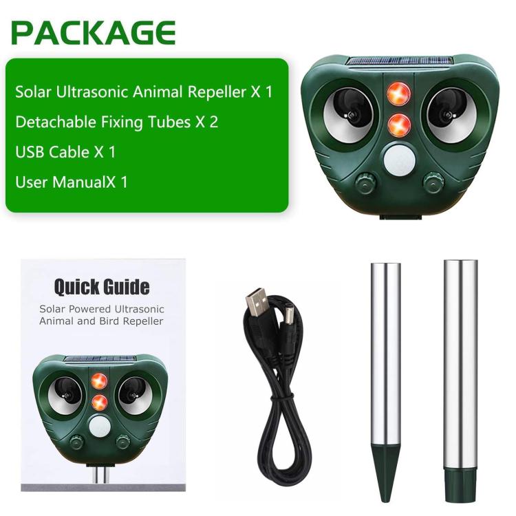 Solar ultrasonic animal repeller package with device, stake tubes, and USB cable