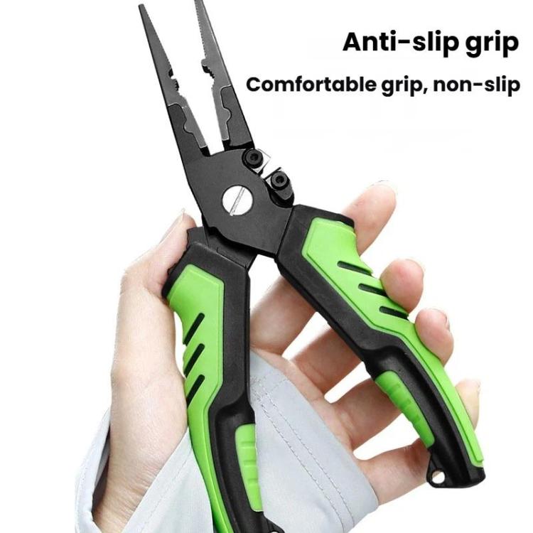 Green-and-black anti-slip fishing line cutter pliers with comfortable grip handles.