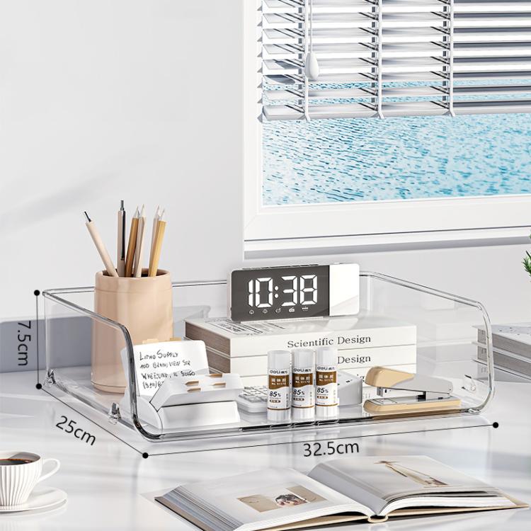 Clear acrylic desktop file storage rack with two open shelves and curved side rails