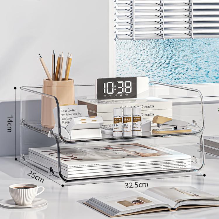 Clear acrylic desk document rack with two shelves, curved frame, and front ledge