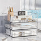Clear acrylic stackable file organizer rack with three open shelves and curved frame