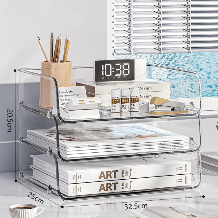 Clear acrylic stackable file organizer rack with three open shelves and curved frame
