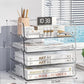 Clear acrylic document storage rack with three shelves and rounded front rails