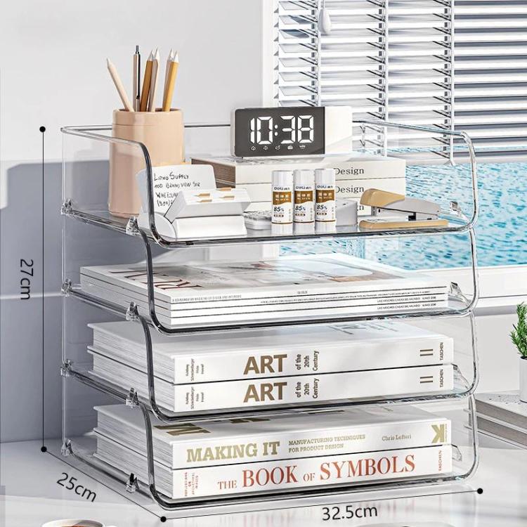 Clear acrylic document storage rack with three shelves and rounded front rails