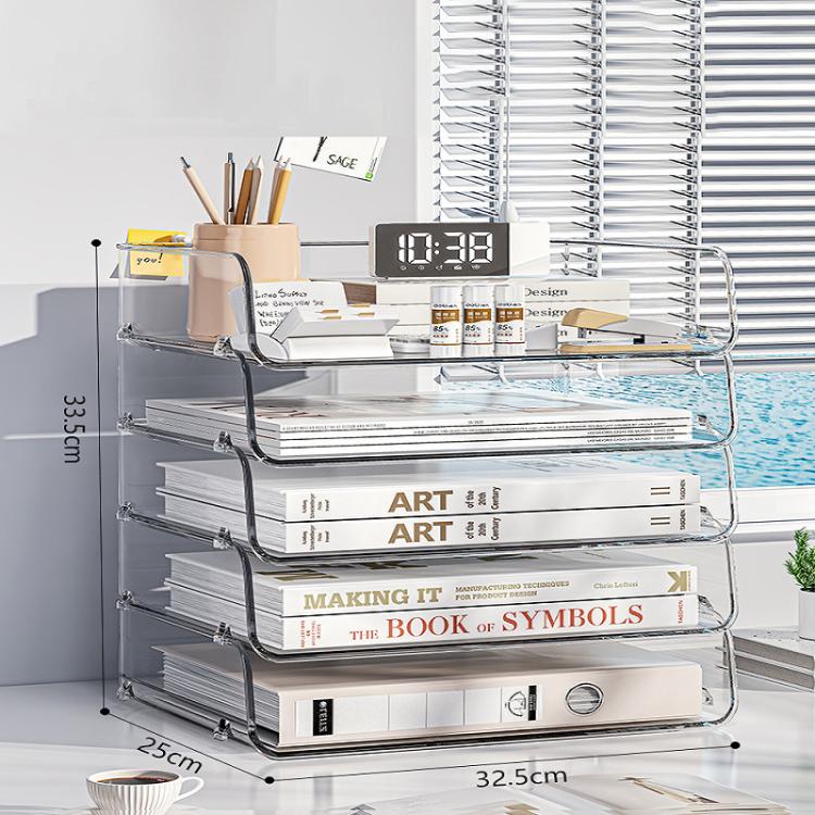 Clear acrylic desktop file rack with four open shelves and curved carry-style sides