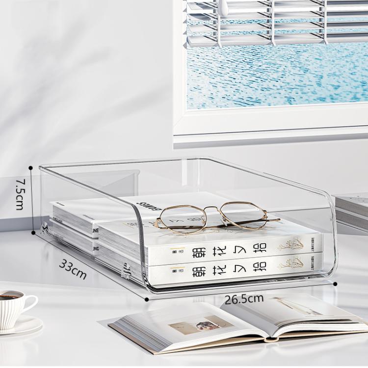 Clear acrylic document organizer rack with two open shelves and side carrying handles