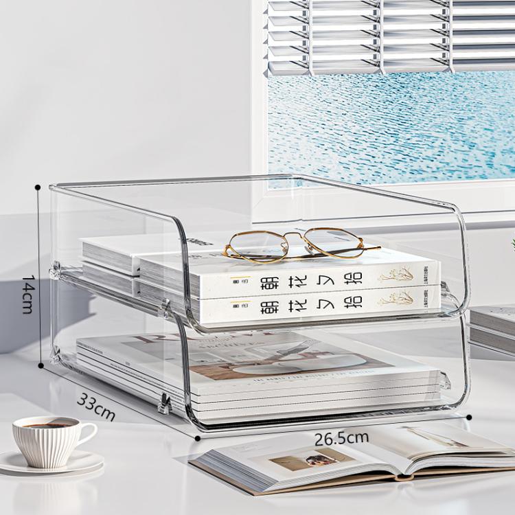 Clear acrylic stackable file rack with three open shelves and curved front frame