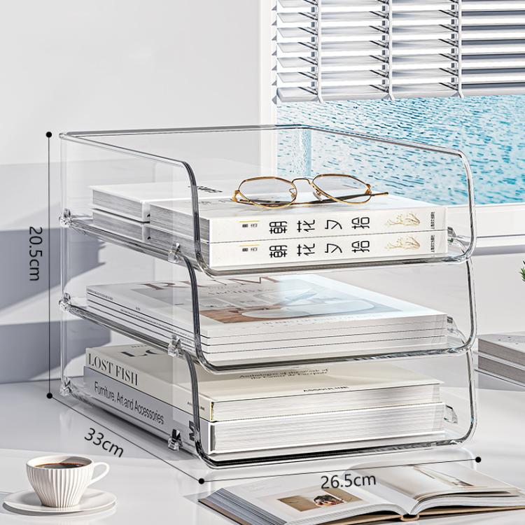 Clear acrylic desktop document holder with three shelves and rounded side rails