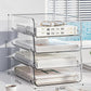 Clear acrylic file storage rack with four open shelves and curved carrying side rails