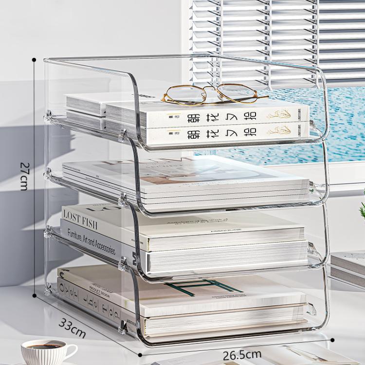 Clear acrylic file storage rack with four open shelves and curved carrying side rails