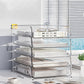 Clear acrylic stackable desk file organizer with four shelves and curved front frame