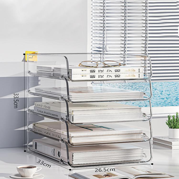 Clear acrylic stackable desk file organizer with four shelves and curved front frame